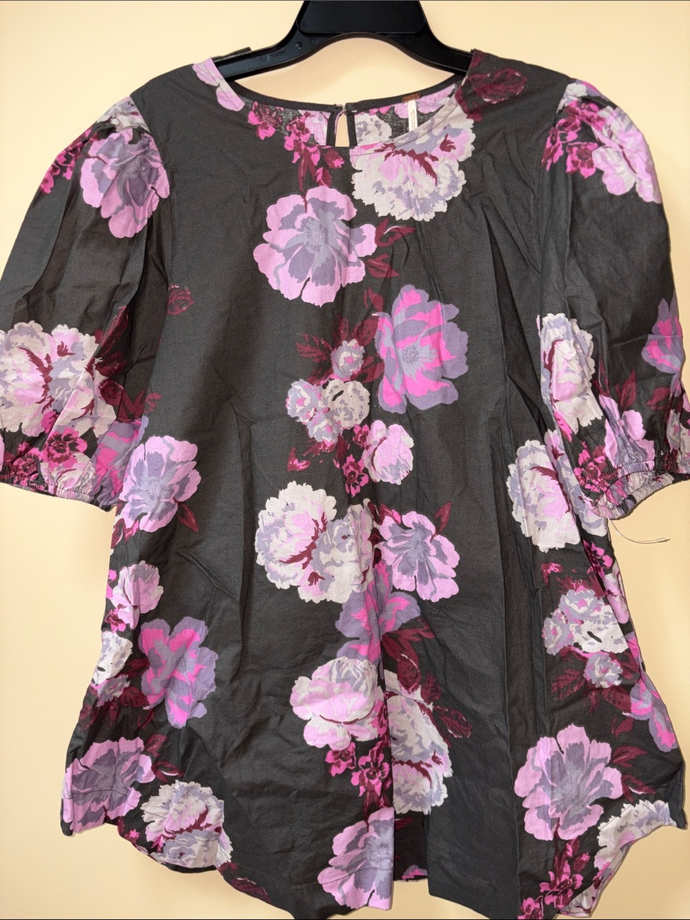 Free People Black Floral Puff-Sleeve Blouse with Pink & Lavender Blooms